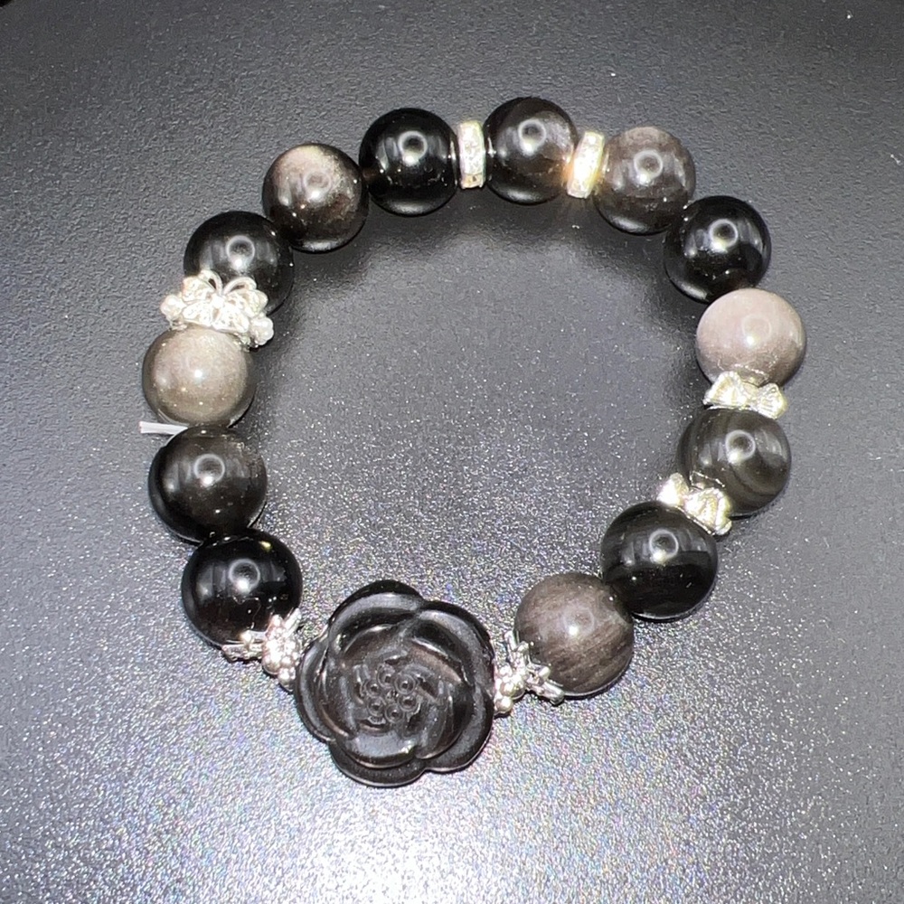High Quality Silver Sheen Obsidian Stretch Bracelet HANDMADE Double Sided Flower - Picture 9 of 12